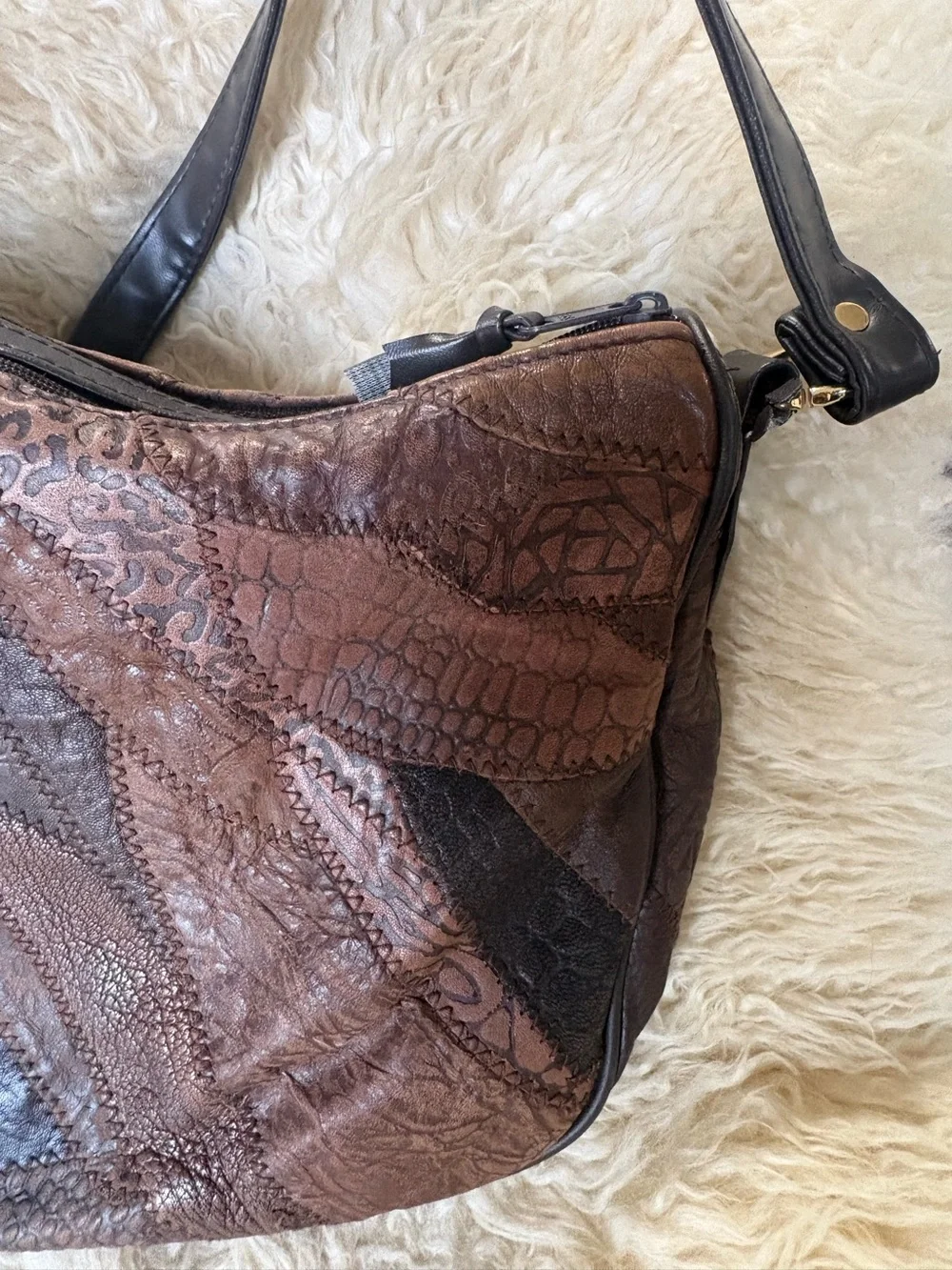 Vintage 70s Leather Patchwork Shoulder Bag Boho Multi Textured Earth Tone Purse
